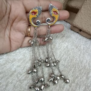 Kashmiri Earrings - Brass Silver Oxidized Long Kashmiri Earrings