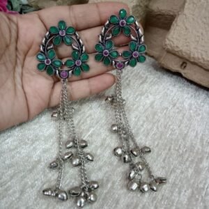 Kashmiri Earrings - Brass Silver Oxidized Long Kashmiri Earrings