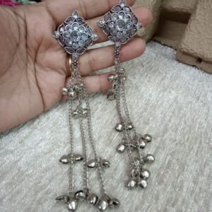 Kashmiri Earrings - Brass Silver Oxidized Long Kashmiri Earrings