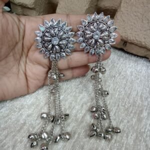 Kashmiri Earrings - Brass Silver Oxidized Long Kashmiri Earrings
