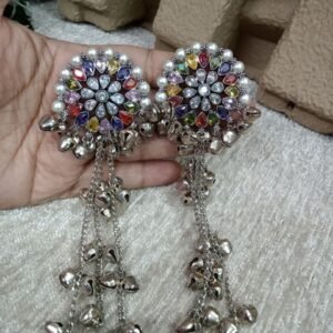 Kashmiri Earrings - Brass Silver Oxidized Long Kashmiri Earrings