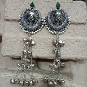 Kashmiri Earrings - Brass Silver Oxidized Long Kashmiri Earrings