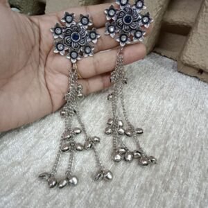Kashmiri Earrings - Brass Silver Oxidized Long Kashmiri Earrings