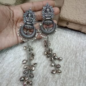 Kashmiri Earrings - Brass Silver Oxidized Long Kashmiri Earrings