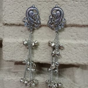 Kashmiri Earrings - Brass Silver Oxidized Long Kashmiri Earrings