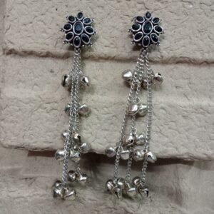 Kashmiri Earrings - Brass Silver Oxidized Long Kashmiri Earrings