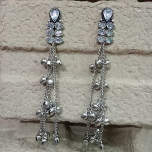 Kashmiri Earrings - Brass Silver Oxidized Long Kashmiri Earrings