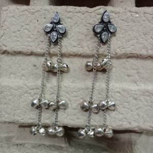 Kashmiri Earrings - Brass Silver Oxidized Long Kashmiri Earrings