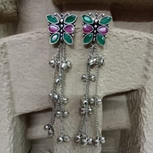 Kashmiri Earrings - Brass Silver Oxidized Long Kashmiri Earrings
