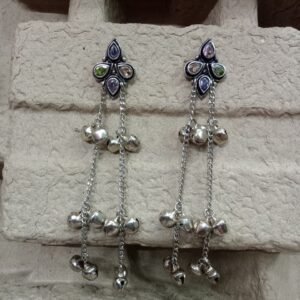 Kashmiri Earrings - Brass Silver Oxidized Long Kashmiri Earrings
