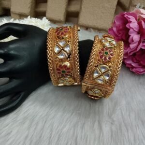 Rajwadi Kada - Rajwadi Polish Copper Gold Plated Hand Crafted Real Kundan Broad openable Kada