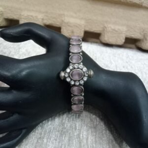 Oxidized Kada - German Silver AD & Pink Monalisa Stone Openable Kada