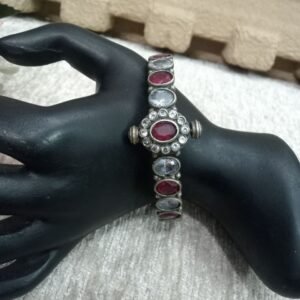 Oxidized Kada - German Silver AD & Ruby Crystal Monalisa Stone Openable Kada