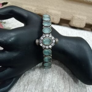 Oxidized Kada - German Silver AD & Mint Monalisa Stone Openable Kada