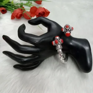 Oxidized Kada - Silver Oxidized Brass Openable Red Color Stone Kada