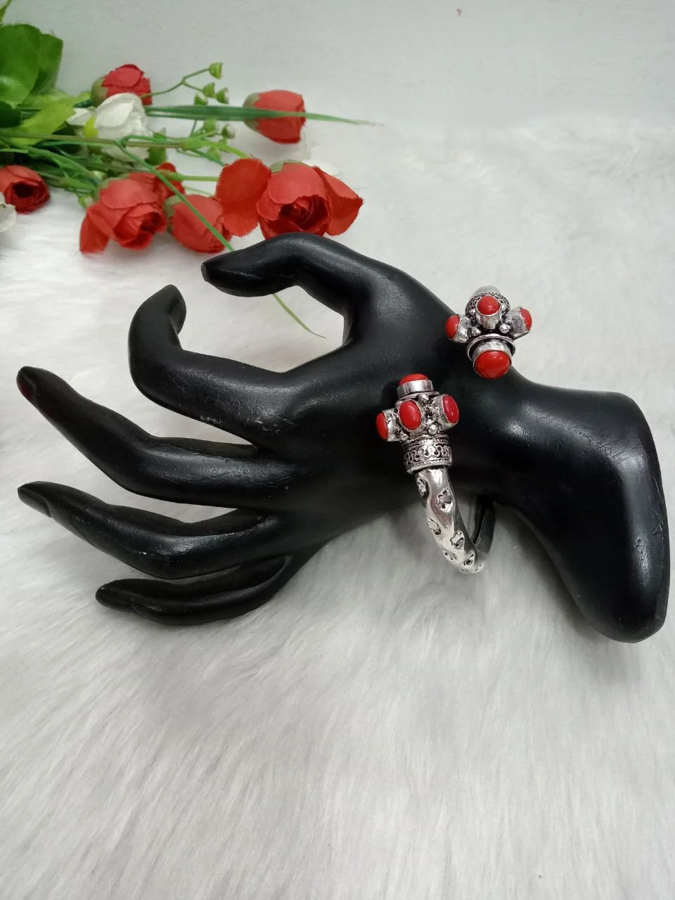 Oxidized Kada – Silver Oxidized Brass Openable Red Color Stone Kada