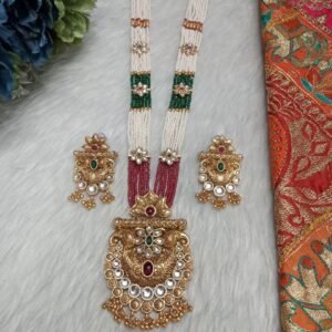 Rajwadi Necklace - Copper Hydro Beads Rajwadi Long Necklace SCARLN62 Ruby Green