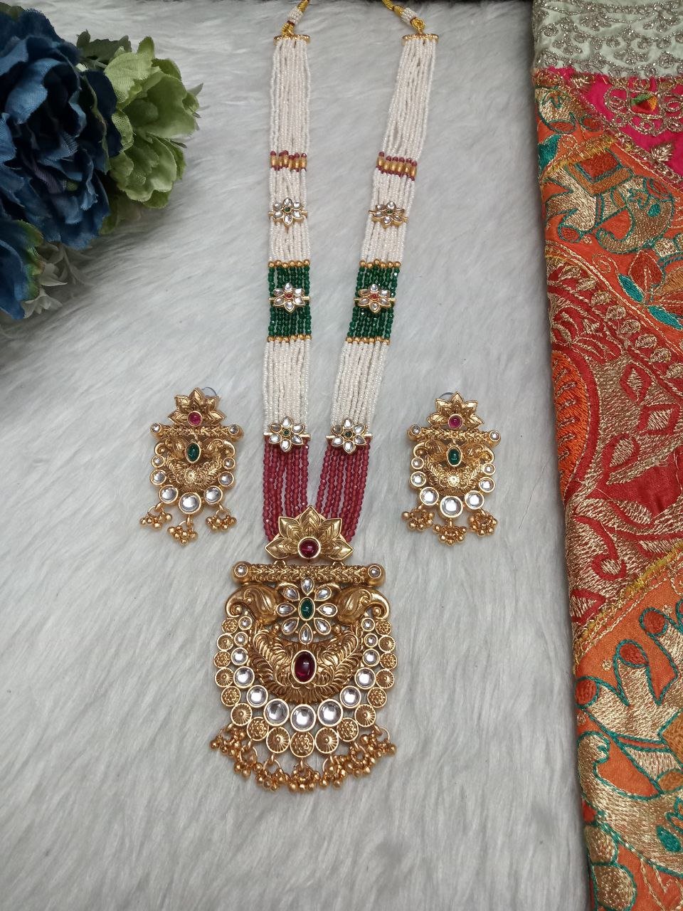 Rajwadi Necklace – Copper Hydro Beads Rajwadi Long Necklace SCARLN62 Ruby Green