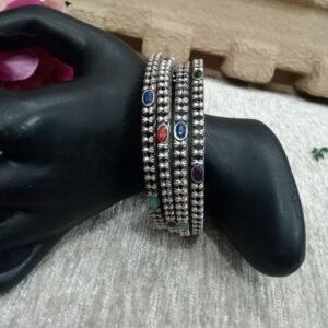 Oxidized Bangles - Silver Oxidized Hand Crafted Stone Bangles