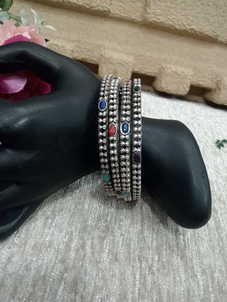 Oxidized Bangles – Silver Oxidized Hand Crafted Stone Bangles
