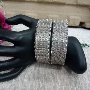 Silver kada - Silver Crystal Color AD Stone Hand Crafted Broad Kada