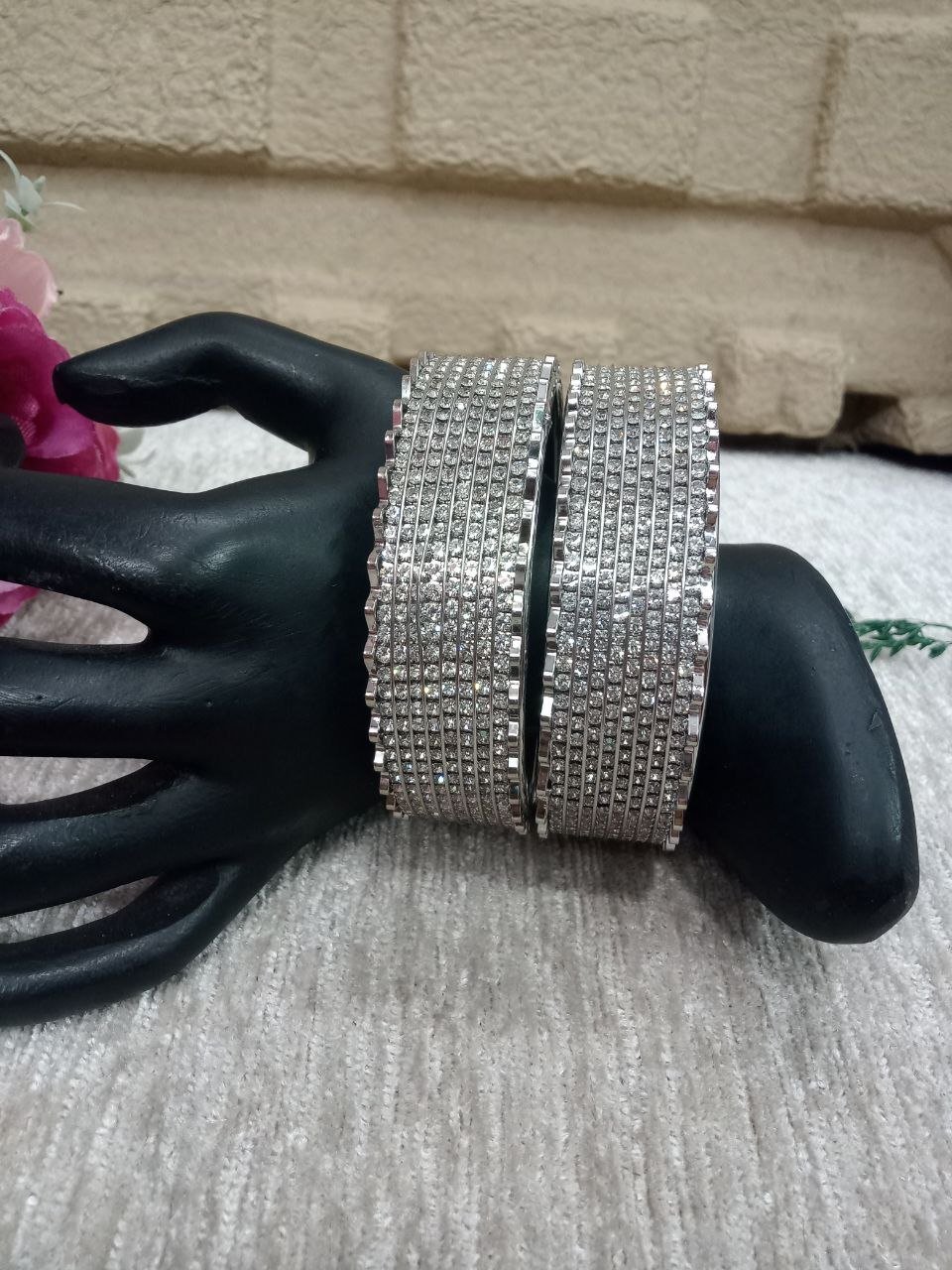 Silver kada – Silver Crystal Color AD Stone Hand Crafted Broad Kada