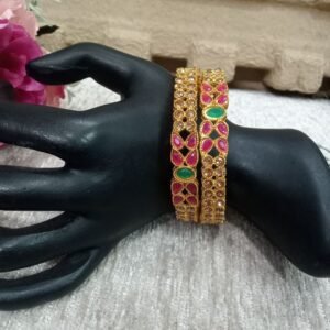 Gold Kada - Gold Plated Alloy Metal Ruby Green Stone Kada