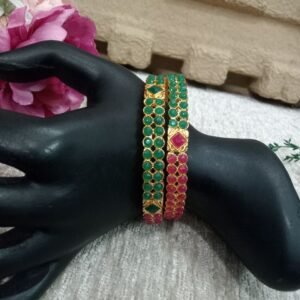 Gold Kada - Gold Plated Alloy Metal Ruby Green Stone Kada