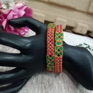 Gold Kada - Gold Plated Alloy Metal Ruby Green Stone Kada