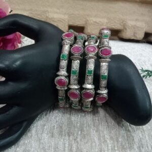 Oxidized Bangles - Silver Oxidized Hand Crafted Stone Bangles