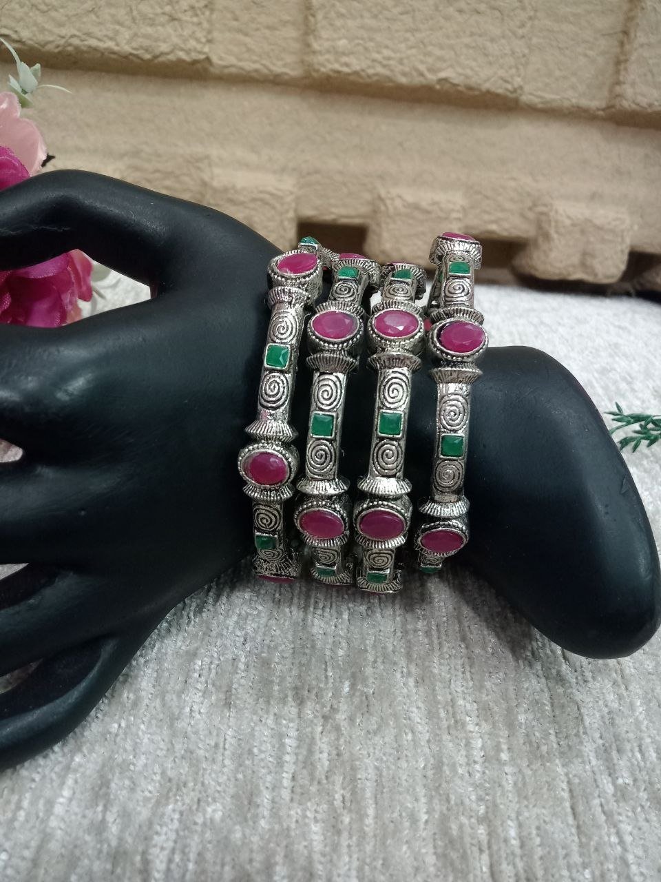 Oxidized Bangles – Silver Oxidized Hand Crafted Stone Bangles