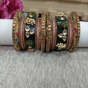 Acrylic Chuda - Red,Cream & Bottle Green Color Acrylic Kundan Studded Dulhan Chuda