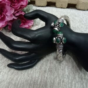 Oxidized Kada - Silver Oxidized Brass Openable Green Color Stone Kada