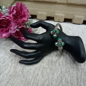 Oxidized Kada - Silver Oxidized Brass Openable Sea Green Color Stone Kada