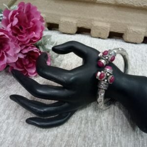 Oxidized Kada - Silver Oxidized Brass Openable Ruby Color Stone Kada