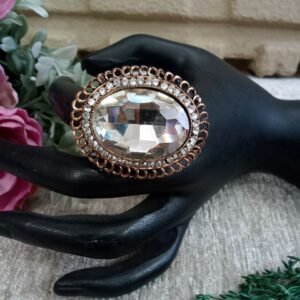 Oxidized Rings - Antique Golden Metallic Big Glass Stone Oval Size Adjustable Ring SCAOR89