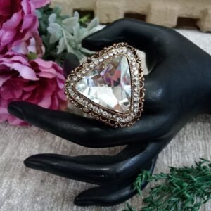 Oxidized Rings - Antique Golden Metallic Big Glass Stone Triangle Size Adjustable Ring SCAOR87