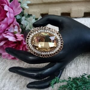 Oxidized Rings - Antique Golden Metallic Big Glass Stone Oval Size Adjustable Ring SCAOR89