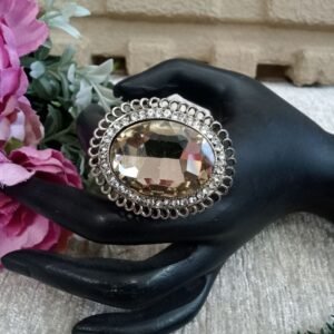 Oxidized Rings - Silver Oxidized Big Glass Stone Oval Size Adjustable Ring SCAOR89