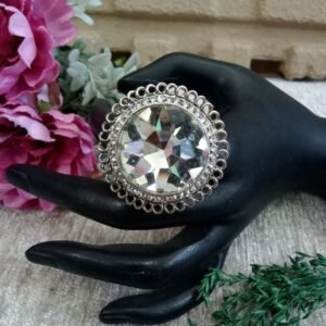 Oxidized Rings - Silver Oxidized Big Glass Stone Round Size Adjustable Ring SCAOR88