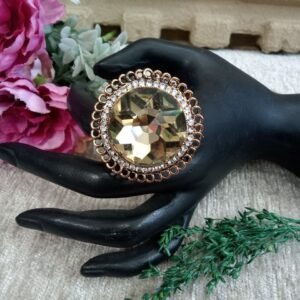Oxidized Rings - Antique Golden Metallic Big Glass Stone Round Size Adjustable Ring SCAOR88