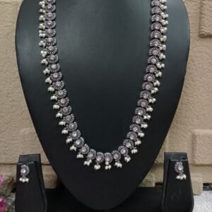 Necklace - Silver Oxidized Brass Stone long Necklace SCAOLN31 Crystal