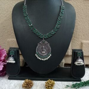 Necklace - Brass Silver Oxidized Laxmi Mata Stone Necklace SCAON2-Green