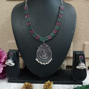 Necklace - Brass Silver Oxidized Laxmi Mata Stone Necklace SCAON2-Ruby Green