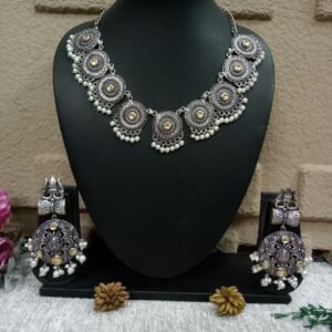 Necklace - German Silver Plated Brass Kundan Oxidized Necklace SCAON20