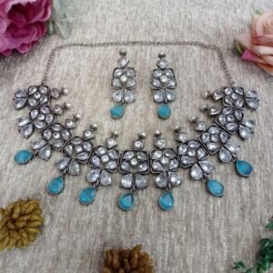 Necklace - GS Plated Brass Silver Oxidized Monalisa & Ad Stone Necklace SCAON10-Sky Blue