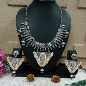 Necklace - German Silver-Plated Oxidized Brass Monalisa Stone Statement Necklace SCAON13 Pink