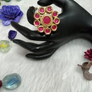 Rings - Gold Plated Brass Kundan Size Adjustable Big Ring SCAKR2-Ruby