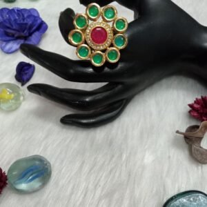 Rings - Gold Plated Brass Kundan Size Adjustable Big Ring SCAKR2-Green