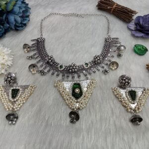 Necklace - German Silver-Plated Oxidized Brass Monalisa Stone Statement Necklace SCAON13-Bottle Green